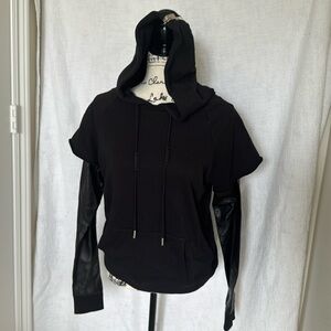 Saint Laurent black leather and cotton zipped hood hoodie sweater size small